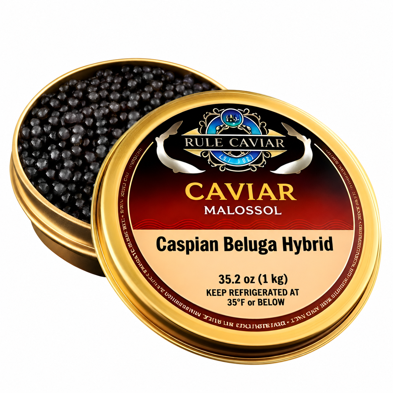 RULÉ Caspian Beluga Hybrid Caviar 35.2 oz one-kilogram tin with open caviar container