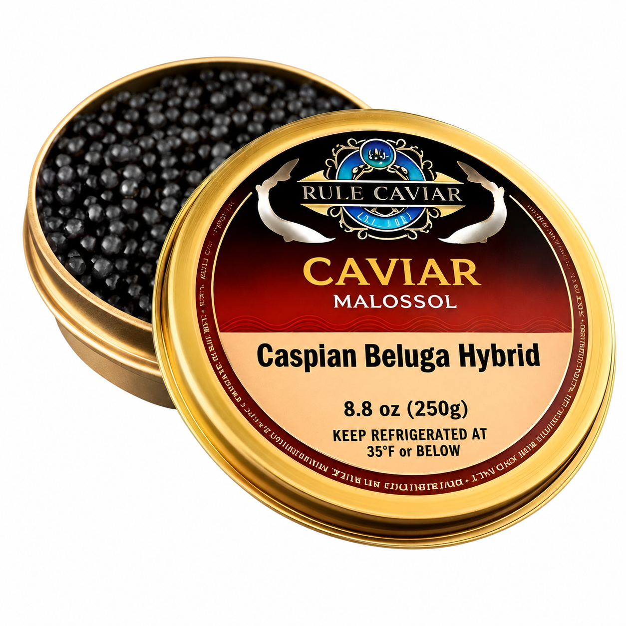 RULÉ Caspian Beluga Hybrid Caviar 8.8 oz gold tin with glossy black pearls