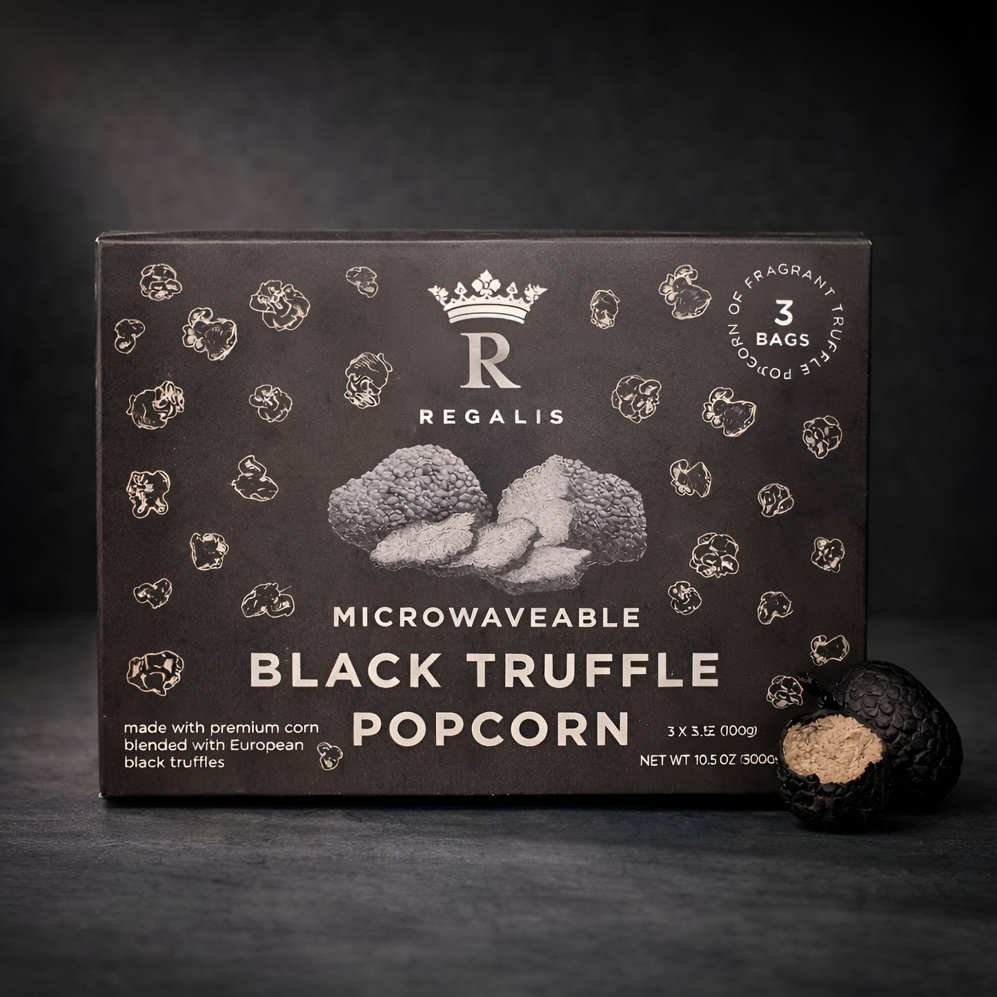 Regalis Microwavable Black Truffle Popcorn, Non-GMO Kernels, Real Black European Truffle, 3 Bags
